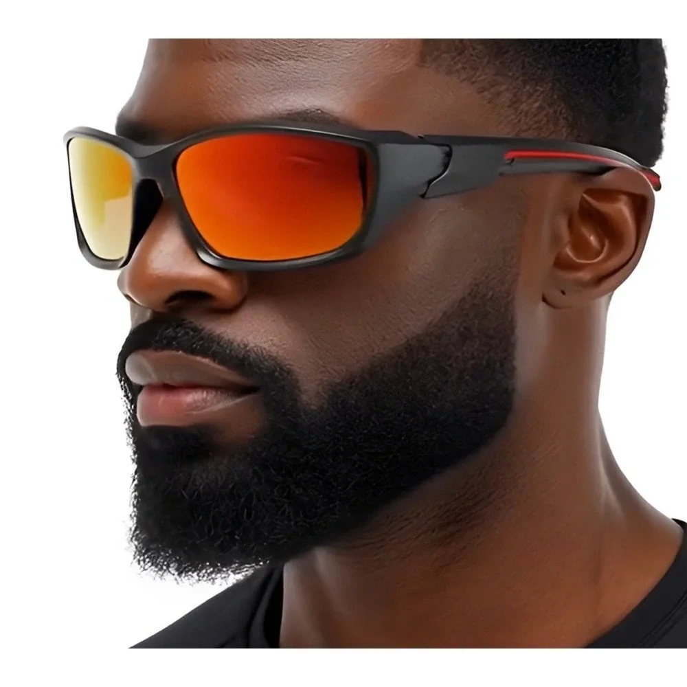Sport performance sunglasses featuring a sleek matte black frame Fire Red Lens‎
